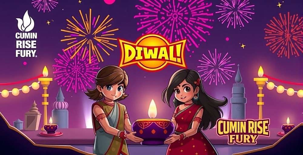 Cumin Rise Fury Diwali event showing characters celebrating with fireworks and traditional lamps with Cumin Rise Fury watermark