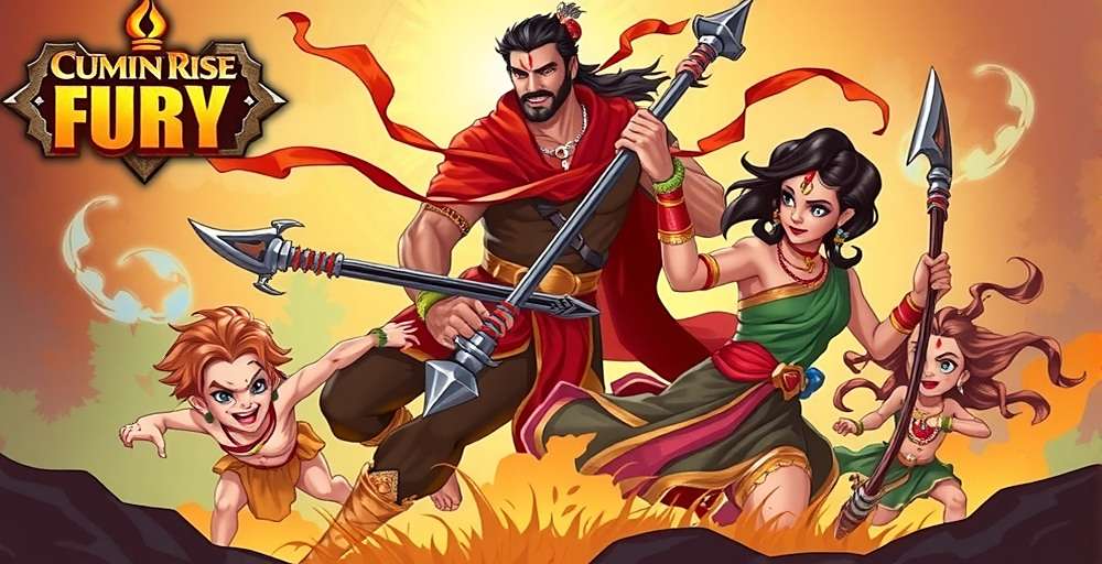 Cumin Rise Fury fan art in traditional Indian style depicting game characters with Cumin Rise Fury watermark